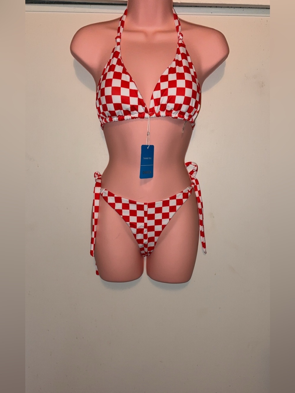 Red & White Checkerboard Tie-Side Bikini Set